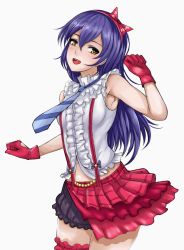 Rule 34 | 10s, 1girl, :d, blue hair, blue necktie, bokura wa ima no naka de, bow, brown eyes, center frills, clenched hands, cowboy shot, earrings, frilled shirt collar, frills, gloves, grey background, hair bow, hairband, jewelry, long hair, love live!, love live! school idol project, midriff, multicolored clothes, multicolored skirt, navel, necktie, nonoririn, open mouth, red gloves, simple background, skirt, smile, solo, sonoda umi, striped necktie, striped neckwear, suspenders, thigh strap, yellow eyes