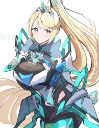 Rule 34 | 1girl, absurdres, alternate eye color, alternate hair color, blonde hair, breasts, chest jewel, earrings, gem, gloves, greek text, headpiece, highres, jewelry, juneplums, large breasts, long hair, pneuma (xenoblade), ponytail, solo, swept bangs, tiara, very long hair, xenoblade chronicles (series), xenoblade chronicles 2, yellow eyes