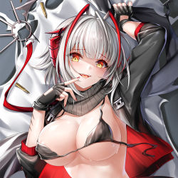 Rule 34 | + +, 1girl, ahoge, antennae, areola slip, arknights, bikini, black bikini, black gloves, black jacket, black scarf, breasts, cirnos, cleavage, demon horns, fingerless gloves, gloves, grey hair, horns, jacket, large breasts, looking at viewer, lying, nail polish, on back, open clothes, open jacket, open mouth, red nails, scar, scar on arm, scarf, short hair, sleeves past elbows, solo, sweat, swimsuit, untied bikini, upper body, w (arknights), white background, yellow eyes