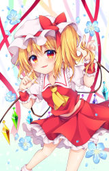 Rule 34 | 1girl, :d, absurdres, ascot, blonde hair, blue flower, blue ribbon, bow, commentary request, fang, feet out of frame, finger to cheek, flandre scarlet, flower, frilled shirt collar, frills, gradient background, green background, green ribbon, groin, hands up, hat, hat bow, highres, index finger raised, looking at viewer, midriff peek, miniskirt, miy@, mob cap, navel, one side up, open mouth, orange ribbon, petals, petticoat, puffy short sleeves, puffy sleeves, purple ribbon, red bow, red eyes, red ribbon, red skirt, red vest, ribbon, shirt, short hair, short sleeves, skirt, skirt set, smile, socks, solo, thighs, touhou, vest, white background, white hat, white shirt, white socks, wrist cuffs, yellow ascot