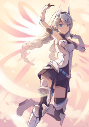 Rule 34 | 1girl, ahoge, armor, armpits, arms up, blue eyes, boots, braid, breasts, chinese commentary, cloud, commentary request, cross hair ornament, dated, elbow gloves, energy wings, garter straps, gloves, hair between eyes, hair ornament, hairband, high heel boots, high heels, highres, honkai (series), honkai impact 3rd, kiana kaslana, kiana kaslana (knight moonbeam), long hair, looking at viewer, medium breasts, short jumpsuit, sidelocks, signature, silver hair, sky, smile, solo, thigh boots, thighhighs, twin braids, very long hair, winged hairband, zhandou greymon