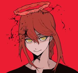 Rule 34 | 1girl, absurdres, black dress, braid, braided ponytail, chainsaw man, dress, halo, highres, looking at viewer, mackle, makima (chainsaw man), medium hair, red background, red hair, red halo, red theme, ringed eyes, sidelocks, simple background, smile, solo, yellow eyes