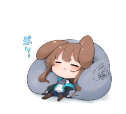 Rule 34 | 1girl, = =, amiya (arknights), animal ears, arknights, beni shake, black jacket, blue skirt, blush, brown hair, brown pantyhose, chibi, commentary request, drooling, closed eyes, facing viewer, hood, hood down, hooded jacket, jacket, long hair, long sleeves, no shoes, off shoulder, pantyhose, parted lips, pillow, pleated skirt, rabbit ears, saliva, shadow, shirt, signature, skirt, sleeves past wrists, solo, translation request, very long hair, white background, white shirt