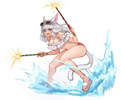 Rule 34 | 1girl, :d, animal ears, bad id, bad pixiv id, bare shoulders, bikini, blue eyes, breasts, cat ears, cat girl, cat tail, cleavage, eyewear on head, facial mark, final fantasy, final fantasy xiv, fireworks, highres, holding, kkaebing, large breasts, long hair, looking at viewer, miqo&#039;te, no nose, no pupils, open mouth, ribbon-trimmed bikini, ribbon trim, sandals, shoes, simple background, single shoe, smile, solo, sparkler, sunglasses, swimsuit, tail, teeth, warrior of light (ff14), water, white background, white footwear, white hair, wristband
