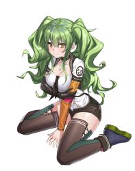 Rule 34 | 1girl, arm support, breasts, cleavage, elbow gloves, girls&#039; frontline, gloves, green hair, hair between eyes, hei yu wu shen, highres, jewelry, long hair, looking at viewer, m950a (girls&#039; frontline), messy hair, necklace, single glove, sitting, smile, solo, thighhighs, thighs, twintails, wariza, yellow eyes
