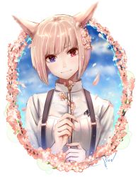 Rule 34 | 1girl, animal ears, warrior of light (ff14), blonde hair, cat ears, final fantasy, final fantasy xiv, flower, head tilt, heterochromia, highres, looking at viewer, miqo&#039;te, mole, mole under mouth, petals, potion lilac(popopotionu), short hair, smile, solo, suspenders, wind