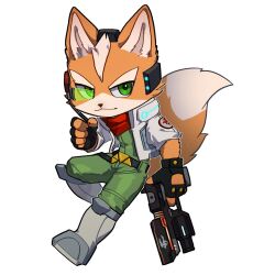 Rule 34 | 1boy, animal ears, animal nose, belt, black gloves, body fur, chibi, closed mouth, commentary, english commentary, fingerless gloves, fox boy, fox ears, fox mccloud, fox tail, full body, furry, furry male, gloves, green eyes, grey jacket, gun, holding, holding gun, holding weapon, jacket, male focus, nintendo, orange fur, pruh, simple background, solo, star fox, tail, weapon, white background