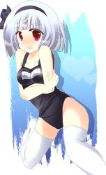 Rule 34 | 1girl, bad id, bad pixiv id, blush, female focus, gradient background, hairband, konpaku youmu, one-piece swimsuit, red eyes, school swimsuit, short hair, silver hair, solo, stigma1101, swimsuit, thighhighs, touhou, white thighhighs