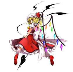 Rule 34 | 1girl, baba (baba seimaijo), back, blonde hair, crystal, flandre scarlet, from behind, full body, hat, hat ribbon, image sample, laevatein, looking at viewer, looking back, mob cap, puffy sleeves, red eyes, resolution mismatch, ribbon, sash, shirt, short hair, short sleeves, side ponytail, skirt, skirt set, socks, solo, source larger, touhou, transparent background, vest, white socks, wings