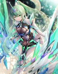Rule 34 | 1girl, armor, armored bodysuit, black bodysuit, bodysuit, breasts, chest jewel, closed mouth, commentary request, core crystal (xenoblade), earrings, gloves, green eyes, green hair, highres, jewelry, large breasts, long hair, looking at viewer, pneuma (xenoblade), ponytail, smile, solo, swept bangs, tiara, ui frara, very long hair, white armor, white gloves, xenoblade chronicles (series), xenoblade chronicles 2