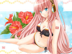 Rule 34 | 1girl, arm support, bikini, blue eyes, bug, butterfly, flower, front-tie top, hibiscus, insect, long hair, megurine luka, pengin guriko, pink hair, side-tie bikini bottom, smile, solo, striped bikini, striped clothes, swimsuit, very long hair, vocaloid