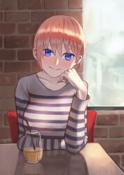 Rule 34 | 1girl, blue eyes, blush, breasts, brick wall, cafe, closed mouth, collarbone, commentary request, drinking straw, earrings, elbow rest, go-toubun no hanayome, gomashiwo o, hair between eyes, head rest, indoors, jewelry, large breasts, long sleeves, looking at viewer, nakano ichika, pink hair, shirt, short hair, smile, solo, striped clothes, striped shirt, stud earrings, table