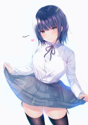 Rule 34 | 1girl, absurdres, black ribbon, black thighhighs, blunt bangs, blush, breasts, closed mouth, clothes lift, collared shirt, commentary request, dress shirt, grey eyes, heart, highres, large breasts, lifted by self, looking at viewer, looking back, minamihama yoriko, neck ribbon, original, panties, purple hair, ribbon, shirt, short hair, side-tie panties, side-tie peek, skindentation, skirt, skirt lift, smile, solo, thighhighs, twitter username, underwear