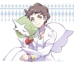 Rule 34 | 1girl, brown hair, closed mouth, coat, commentary request, creatures (company), diantha (pokemon), eyelashes, game freak, gardevoir, gen 3 pokemon, highres, jewelry, kisa (kisa-kisa5900), long sleeves, looking at viewer, mega gardevoir, mega pokemon, necklace, nintendo, open clothes, open coat, pokemon, pokemon (creature), pokemon xy, short hair, signature, smile, upper body, white coat