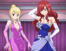 Rule 34 | 2girls, alternate costume, arm up, bare shoulders, blonde hair, blue dress, breasts, brown eyes, cleavage, cleavage cutout, clothing cutout, dress, elbow gloves, erza scarlet, fairy tail, gloves, hair bun, hair over one eye, hand on own hip, highres, jewelry, large breasts, long hair, looking down, lucy heartfilia, multiple girls, neck, necklace, purple dress, red hair, screencap, stitched, strapless, strapless dress, third-party edit