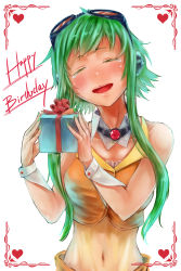 Rule 34 | 1girl, blush, closed eyes, gift, goggles, goggles on head, green hair, gumi, happy birthday, heart, highres, jaco, open mouth, red-tinted eyewear, short hair with long locks, simple background, smile, solo, tears, tinted eyewear, vocaloid, white background