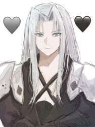 Rule 34 | 1boy, armor, black coat, black gloves, coat, commentary request, crossed arms, emoji, final fantasy, final fantasy vii, gloves, green eyes, grey hair, happy, heart, heart emoji, high collar, highres, light smile, long bangs, long hair, long sleeves, looking to the side, male focus, open clothes, open coat, parted bangs, pauldrons, plamt cat, sephiroth, shoulder armor, simple background, slit pupils, solo, upper body, white background