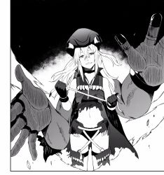 Rule 34 | 10s, 1girl, absurdres, abyssal ship, bare shoulders, black gloves, choker, destroyer water oni, gloves, greyscale, helmet, highres, kantai collection, long hair, monochrome, open mouth, ribbon, solo, torn clothes, tsukamoto minori, white hair