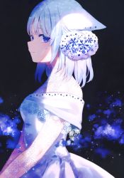 Rule 34 | 1girl, absurdres, achiki, animal ears, blue eyes, blue hair, cat ears, dress, highres, lace, original, relic (artbook), see-through, see-through sleeves, short hair, smile, solo, white dress