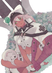 Rule 34 | 1girl, :o, animal, bana (stand flower), bandaged arm, bandaged leg, bandages, cape, clover, commentary request, dark-skinned female, dark skin, dog, fingerless gloves, flower, four-leaf clover, gloves, grass, guilty gear, guilty gear strive, hair between eyes, hat, highres, indian style, long hair, looking to the side, midriff, navel, orange eyes, outdoors, ramlethal valentine, single glove, sitting, solo, toes, white cape, white gloves, white hair, white hat