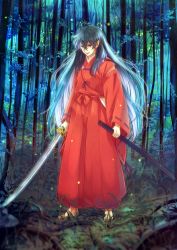 Rule 34 | 1boy, barefoot, bead necklace, beads, black hair, detached sleeves, fang, fireflies, forest, full body, grass, hair between eyes, highres, holding, holding sword, holding weapon, inuyasha, inuyasha (character), japanese clothes, jewelry, katana, long hair, long sleeves, looking at viewer, male focus, motobi (mtb umk), multicolored hair, nature, necklace, outdoors, parted lips, pointy ears, ribbon-trimmed sleeves, ribbon trim, scabbard, sheath, slit pupils, smirk, solo, standing, sword, transformation, two-tone hair, unsheathed, very long hair, weapon, white hair, wide sleeves, yellow eyes