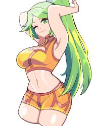 Rule 34 | 1girl, absurdres, alternate costume, armpits, arms behind head, arms up, bbycheese, bra, breasts, cleavage, cleavage cutout, clothing cutout, cosplay, cropped legs, green eyes, green hair, highres, kid icarus, large breasts, long hair, metroid, metroid: zero mission, midriff, navel, nintendo, one eye closed, orange bra, orange shorts, palutena, ponytail, samus aran, samus aran (cosplay), short shorts, shorts, smirk, solo, sports bra, underwear, white background
