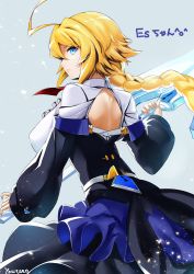 Rule 34 | 1girl, ahoge, artist name, back cutout, blazblue, blonde hair, blue dress, blue eyes, braid, breasts, character name, closed mouth, clothing cutout, commentary, dress, es (xblaze), from behind, greatsword, hair between eyes, holding, holding weapon, huge weapon, large breasts, long hair, looking back, pink lips, razu (rus), sidelocks, single braid, skirt, solo, sword, weapon, wide sleeves, xblaze, xblaze code: embryo