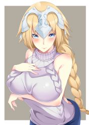 Rule 34 | 1girl, absurdres, alternate costume, aran sweater, backless outfit, blonde hair, blue eyes, blue skirt, braid, breast hold, breasts, cable knit, closed mouth, cowboy shot, dress, fate/apocrypha, fate (series), fingernails, halterneck, hand on breast, hand on own chest, hand up, headpiece, highres, jeanne d&#039;arc (fate), jeanne d&#039;arc (ruler) (fate), kyoukai (pixiv3064042), large breasts, long hair, looking at viewer, meme attire, ribbed sweater, single braid, skirt, solo, sweater, sweater dress, turtleneck, turtleneck sweater, very long hair, virgin killer sweater