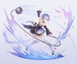 Rule 34 | 10s, 1girl, anbe yoshirou, apron, ball and chain (weapon), blue eyes, blue hair, breasts, clenched teeth, detached sleeves, dress, garter straps, glowing, glowing eye, gradient background, hair ornament, highres, holding, maid, mary janes, medium breasts, parted lips, re:zero kara hajimeru isekai seikatsu, rem (re:zero), shoes, short hair, sleeveless, solo, spike ball, teeth, thighhighs, waist apron, weapon, white thighhighs, x hair ornament, zettai ryouiki