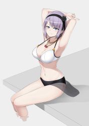 Rule 34 | 10s, 1girl, absurdres, armpits, arms up, bikini, black flower, black rose, blue eyes, bow, breasts, cleavage, dagashi kashi, flower, hair flower, hair ornament, hairband, highres, index finger raised, jewelry, lan long (lazy dragon), large breasts, looking at viewer, necklace, partially submerged, purple hair, ribbon, ringed eyes, rose, shidare hotaru, short hair, sitting, skindentation, smile, solo, swimsuit, two-tone bikini