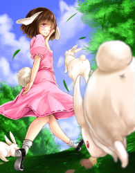 Rule 34 | 1girl, animal ears, anus, bad id, bad pixiv id, brown hair, dress, female focus, from behind, full body, inaba tewi, jumping, leaf, nature, one eye closed, outdoors, pink eyes, plant, rabbit ears, rabbit girl, rabbit tail, red eyes, short sleeves, sky, solo, tail, touhou, tree, unowen, wink