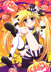 Rule 34 | 1girl, asymmetrical legwear, bat (animal), black bow, black bowtie, black hat, black ribbon, black shorts, black vest, blonde hair, blush, bow, bowtie, clover, commentary request, detached sleeves, diamond (shape), fate testarossa, floating, frilled cuffs, graveyard, hair ribbon, halloween, halloween costume, hat, highres, jack-o&#039;-lantern, leg up, looking at viewer, lyrical nanoha, mini hat, mini top hat, miyajima hitoshi, orange sky, outdoors, partial commentary, print sleeves, print thighhighs, red eyes, ribbon, shirt, short shorts, shorts, single sleeve, sky, sleeveless, sleeveless shirt, socks, solo, spade (shape), star (sky), starry sky, striped clothes, striped shorts, thighhighs, tilted headwear, top hat, twilight, twintails, vertical-striped clothes, vertical-striped shorts, vest, white shirt, white sleeves, white socks, white thighhighs, wing collar