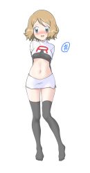 Rule 34 | 1girl, absurdres, arms behind back, black thighhighs, blue eyes, blush, breasts, brown hair, cosplay, creatures (company), crop top, embarrassed, full body, game freak, highres, jessie (pokemon), jessie (pokemon) (cosplay), looking at viewer, medium breasts, medium hair, midriff, miniskirt, navel, nintendo, pencil skirt, pokemon, pokemon (anime), pokemon xy (anime), serena (pokemon), side slit, simple background, skirt, solo, standing, stomach, tax2rin, team rocket, team rocket uniform, thigh gap, thighhighs, white background, white skirt