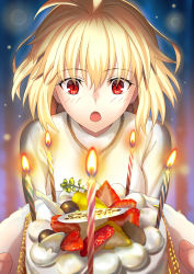 Rule 34 | 1girl, absurdres, arcueid brunestud, blonde hair, blush, breasts, cake, candle, food, fruit, harukey, highres, jewelry, large breasts, long sleeves, necklace, open mouth, red eyes, short hair, solo, sweater, tsukihime, turtleneck, turtleneck sweater, white sweater