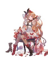 Rule 34 | 1girl, bag, black gloves, black ribbon, blonde hair, blush, boots, bow, breasts, chair, chest harness, clarisse (granblue fantasy), clarisse (soleil blanc) (granblue fantasy), dress, earrings, flower, gloves, granblue fantasy, green eyes, hair bow, hair flower, hair ornament, hair ribbon, harness, high heels, jewelry, large breasts, long hair, long sleeves, looking at viewer, official art, open mouth, red bow, red flower, red socks, ribbon, sitting, socks, solo, swept bangs, transparent background, unworn boots, white bow, white dress