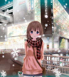 Rule 34 | 1girl, arms behind back, bag, between breasts, blue eyes, blush, breasts, breath, brown hair, cowboy shot, glowing, highres, long sleeves, looking at viewer, night, night sky, open mouth, original, outdoors, plaid, plaid scarf, ragho no erika, satchel, scarf, short hair, skirt, sky, smile, snow, snowflakes, snowing, solo, strap between breasts, sweater