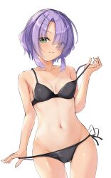 Rule 34 | 1girl, :3, arm at side, bare arms, bare shoulders, bikini, bikini pull, black bikini, blush, breasts, cafe stella to shinigami no chou, cameltoe, clothes pull, collarbone, cropped legs, eyebrows hidden by hair, eyelashes, gluteal fold, green eyes, groin, hair over one eye, hairpin, half-closed eyes, hand up, highres, hiuchidani mei, looking at viewer, medium breasts, midriff, multiple hairpins, navel, ncontrail (mgax7527), off shoulder, open hands, parted bangs, purple hair, ribbon-trimmed bikini, seductive smile, shadow, short hair with long locks, simple background, smile, smug, solo, swimsuit, tan, tanline, white background, yuzu-soft