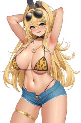 Rule 34 | 1girl, absurdres, animal print, armpits, arms up, bare arms, bare shoulders, bikini, blonde hair, blue shorts, breasts, cleavage, cowboy shot, denim, denim shorts, eyewear on head, fang, goddess of victory: nikke, green eyes, hair intakes, hair ornament, hairclip, highres, jewelry, large breasts, leopard print, long hair, looking at viewer, navel, necklace, open mouth, rupee (nikke), short shorts, shorts, simple background, smile, solo, stomach, sunglasses, swimsuit, thighlet, thighs, underboob, wei xiao, white background, yellow bikini