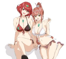 Rule 34 | 2girls, bare shoulders, breasts, chest jewel, cleavage, core crystal (xenoblade), earrings, family, glimmer (xenoblade), headpiece, high ponytail, highres, jewelry, large breasts, long hair, looking at viewer, mitsugu, mother and daughter, multiple girls, open mouth, ponytail, pyra (xenoblade), red eyes, red hair, short hair, smile, swept bangs, tiara, xenoblade chronicles (series), xenoblade chronicles 2, xenoblade chronicles 3, xenoblade chronicles 3: future redeemed