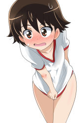 Rule 34 | 1girl, arm behind back, blush, brown eyes, brown hair, commentary, cowboy shot, embarrassed, frown, girls und panzer, gym shirt, gym uniform, highres, isobe noriko, looking at viewer, no pants, open mouth, panties, shirt, shirt tug, short hair, short sleeves, simple background, solo, standing, sweatdrop, t-shirt, underwear, wakku kan, white background, white panties, white shirt