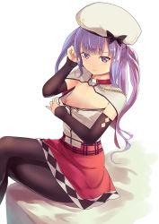 Rule 34 | 1girl, ajax (azur lane), arm up, azur lane, beret, black bow, black pantyhose, blush, bow, breasts, capelet, commentary request, culter, detached sleeves, feet out of frame, hat, hat bow, highres, long hair, looking at viewer, miniskirt, nipples, pantyhose, purple eyes, purple hair, red skirt, shadow, sidelocks, simple background, sitting, skirt, small breasts, smile, solo, strapless, thighs, tube top, two side up, white background, white capelet, white hat