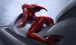 Rule 34 | 1girl, all fours, ass, bent over, cockpit, darling in the franxx, green eyes, highres, horns, lips, long hair, looking at viewer, looking back, qichao wang, red hair, skin tight, solo, torn clothes, zero two (darling in the franxx)