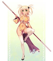 1girl, :o, bangs, black footwear, blonde hair, blush, breasts, china dress, chinese clothes, crop top, dark skin, dark skinned female, dress, fighting stance, flats, full body, gradient, gradient background, green background, green eyes, hair ornament, holding, holding weapon, konshin, kufei, leg up, long hair, long sleeves, mahou sensei negima!, medium breasts, orange dress, parted lips, pelvic curtain, pole, shoes, short dress, short over long sleeves, short sleeves, skindentation, solo, standing, standing on one leg, thighhighs, toggles, two side up, weapon, white legwear, wide sleeves, wristband