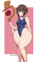 Rule 34 | 1girl, allbeatnik, artist name, ass, bare shoulders, blush, breasts, brown hair, choker, collarbone, covered navel, curvy, highres, huge ass, kono subarashii sekai ni shukufuku wo!, looking at viewer, medium breasts, megumin, one-piece swimsuit, red eyes, short hair with long locks, simple background, solo, staff, swimsuit, thick thighs, thighs, wavy mouth, wide hips