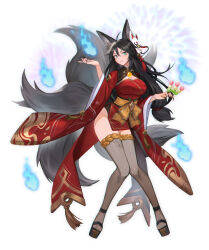 Rule 34 | 1girl, ahoge, animal ear fluff, animal ears, black footwear, black hair, black nails, blue fire, breasts, cleavage, commentary, dango, fingernails, fire, food, fox ears, fox girl, fox mask, fox tail, full body, gold trim, green eyes, grey tail, grey thighhighs, hair between eyes, highres, hitodama, holding, holding food, japanese clothes, kimono, kitsune, large breasts, long hair, long sleeves, looking at viewer, mask, mask on head, mito (pixiv crdd8873), multiple tails, nail polish, obi, okobo, original, parted lips, red kimono, sandals, sash, sharp fingernails, short kimono, solo, tail, tassel, thighhighs, wagashi, white background, wide sleeves, yellow gemstone, yellow sash