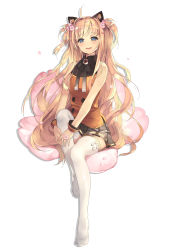 Rule 34 | 1girl, animal ears, bare shoulders, blonde hair, blue eyes, blush, btoor, cat ears, cherry blossoms, hands on own knees, highres, long hair, no shoes, petals, seeu, simple background, skirt, solo, thighhighs, vocaloid, white thighhighs, zettai ryouiki