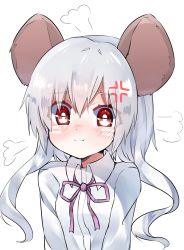 Rule 34 | 1girl, :i, absurdres, anger vein, animal ears, blush, facial mark, female focus, highres, mouse ears, original, red eyes, silver hair, simple background, solo, tetora 960, white background