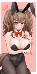 Rule 34 | 1girl, ?, @ @, angelina (arknights), animal ear fluff, animal ears, arknights, arm under breasts, bare shoulders, black footwear, black hairband, black leotard, black pantyhose, blush, bow, breast expansion, breasts, brown hair, cleavage, closed mouth, collar, covered navel, detached collar, fake animal ears, groin, hairband, hand up, highres, large breasts, leotard, lxjun 09, pantyhose, pink background, playboy bunny, rabbit ears, red bow, shoes, solo, strapless, strapless leotard, sweat, tail, twintails, two-tone background, white background, white collar, wing collar, wrist cuffs