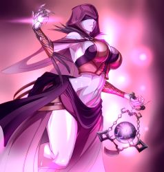 Rule 34 | 1girl, armpits, bare shoulders, blindfold, breasts, bustier, closed mouth, colored skin, cowboy shot, flail, from side, groin, highres, holding, holding weapon, hood, large breasts, navel, paladins, propellercube, purple skin, seris (paladins), sideboob, solo, stomach, strapless, tube top, weapon