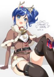 Rule 34 | 1girl, :d, aikatsu!, aikatsu! (series), animal costume, antlers, arm on knee, bell, belt, black belt, black thighhighs, blue eyes, blue hair, brown cape, brown gloves, brown jumpsuit, cape, capelet, christmas, christmas ornaments, commentary, elbow gloves, english text, fur-trimmed capelet, fur collar, fur trim, garter straps, gift, gloves, hair ornament, holding, holding gift, horns, jumpsuit, kiriya aoi, knee up, looking at viewer, medium hair, merry christmas, neck bell, onbin ha, open mouth, reindeer antlers, reindeer costume, short jumpsuit, side ponytail, sidelocks, sitting, smile, solo, star (symbol), star hair ornament, swept bangs, thigh strap, thighhighs, twitter username